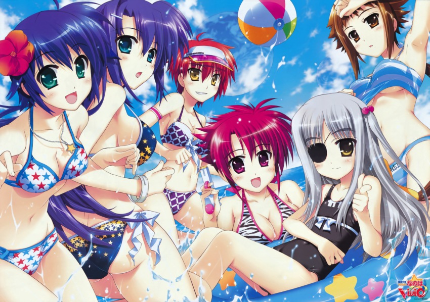 10s 6+girls :d ass ball bandeau beachball bikini blue_hair breasts brown_hair cinque_(nanoha) cleavage dieci_(nanoha) eyepatch finger_gun flat_chest flower fujima_takuya ginga_nakajima hair_flower hair_ornament jewelry large_breasts lyrical_nanoha mahou_shoujo_lyrical_nanoha mahou_shoujo_lyrical_nanoha_vivid medium_breasts multiple_girls navel necklace nove_(nanoha) numbers_(nanoha) official_art one-piece_swimsuit open_mouth print_bikini red_hair scan siblings side-tie_bikini_bottom sideboob silver_hair sisters small_breasts smile star_(symbol) star_print striped_bikini striped_clothes subaru_nakajima swimsuit underboob visor_cap water_gun wendi_(nanoha)