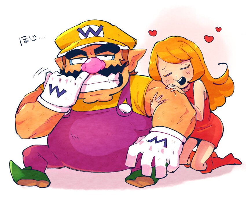 1boy 1girl belly boots brown_hair closed_eyes dress facial_hair fat fat_man full_body gloves green_shoes grin hands_on_another&#039;s_arm hat heart highres long_hair mario_(series) mona_(warioware) nintendo nose_picking obese open_mouth orange_hair overalls pointy_ears purple_overalls red_boots red_dress shirt shoes short_hair short_sleeves smile wario warioware white_background white_gloves yellow_hat yellow_shirt yowasabimechaoc