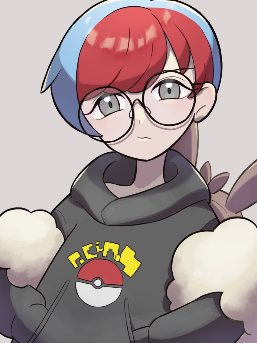 1girl backpack bag black-framed_eyewear blue_hair brown_bag closed_mouth commentary_request glasses grey_background hands_in_pocket highres hood hoodie looking_at_viewer nintendo nori_(hgdm2784) penny_(pokemon) poke_ball_print pokemon pokemon_sv red_hair round_eyewear short_hair solo upper_body