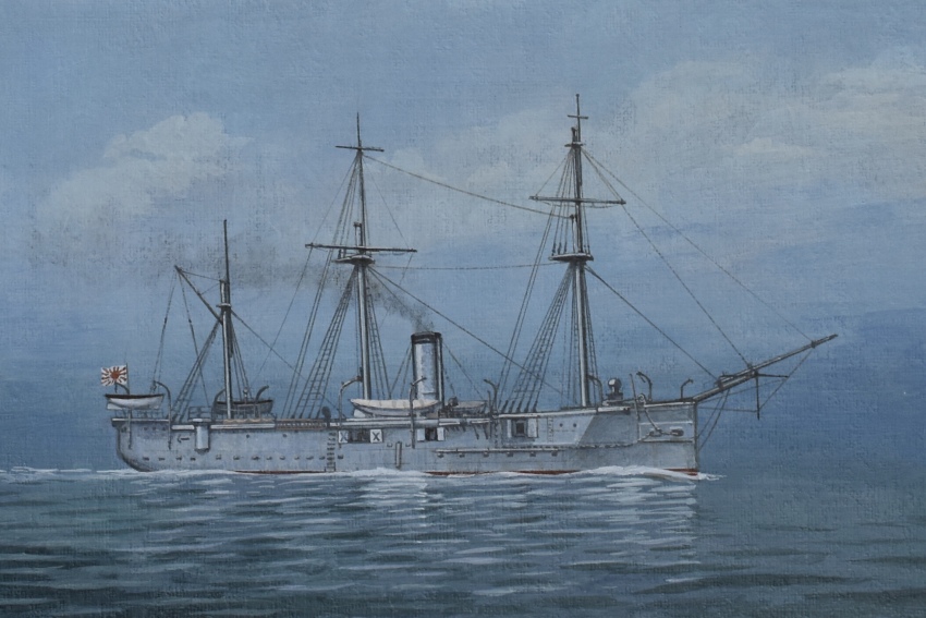 acrylic_paint_(medium) atelier_bono cannon commentary_request cruiser evening flag highres imperial_japanese_navy mast military_vehicle morning musashi_(cruiser) no_humans ocean original painting_(medium) rising_sun_flag ship ship_turret sky smoke smoke_trail smokestack sunburst traditional_media vehicle_focus warship watercraft