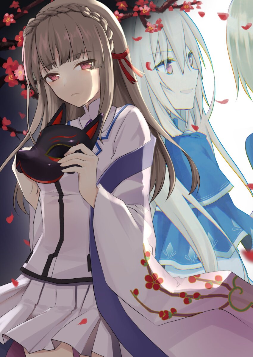 3girls blonde_hair braid breasts brown_hair capelet crown_braid fox_mask hair_between_eyes heaven_burns_red highres japanese_clothes kayamori_ruka kiryuu_miya long_hair love_triangle mask mole mole_under_eye multiple_girls red_eyes ribbon scottie_friends second-party_source shirakawa_yuina shirt sidelocks white_shirt wide_sleeves yuri