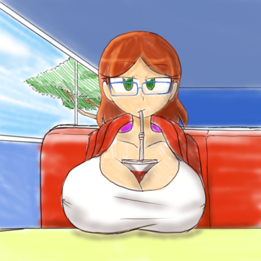 1girl alma_garcia_(nairod) between_breasts breast_rest breasts breasts_on_table cleavage collarbone cup cup_between_breasts diner drinking_straw glasses green_eyes highres huge_breasts jacket large_breasts nairod_(dorianbaeza3) original pov red_jacket shorts soda solo solo_focus tank_top tree white_tank_top window