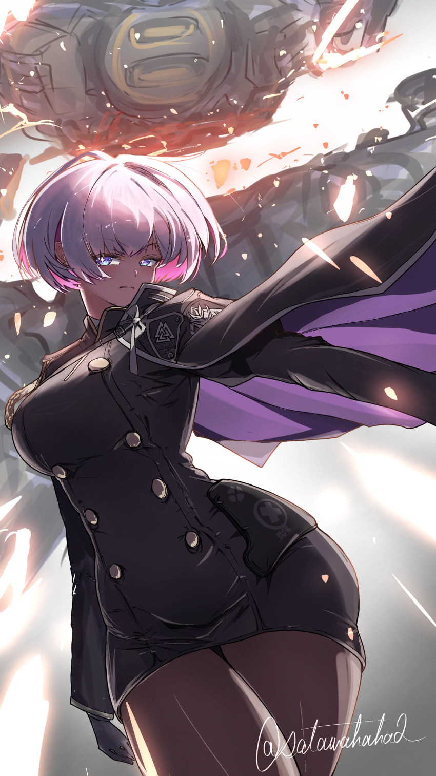 1girl absurdres aiguillette blue_eyes breasts cape dress gloves goddess_of_victory:_nikke hair_between_eyes highres large_breasts liliweiss_(nikke) long_sleeves looking_at_viewer pantyhose pink_hair purple_cape rapture_(nikke) sata_(satawahaha) shiny_eyes short_hair star-shaped_pupils star_(symbol) symbol-shaped_pupils uniform white_hair