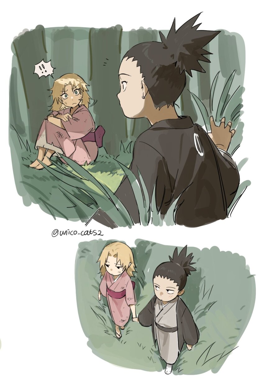 1boy 1girl aged_down artist_name back_bow barefoot black_hair blonde_hair bow closed_mouth couple dappled_sunlight ear_piercing from_above from_side grass green_eyes hair_down hair_up hand_up high_ponytail highres japanese_clothes kimono knees_up korean_commentary long_sleeves looking_to_the_side messy_hair nara_shikamaru naruto_(series) outdoors piercing ponytail sash shade shadow sitting standing sunlight temari_(naruto) twitter_username unico_cats2 wide_sleeves