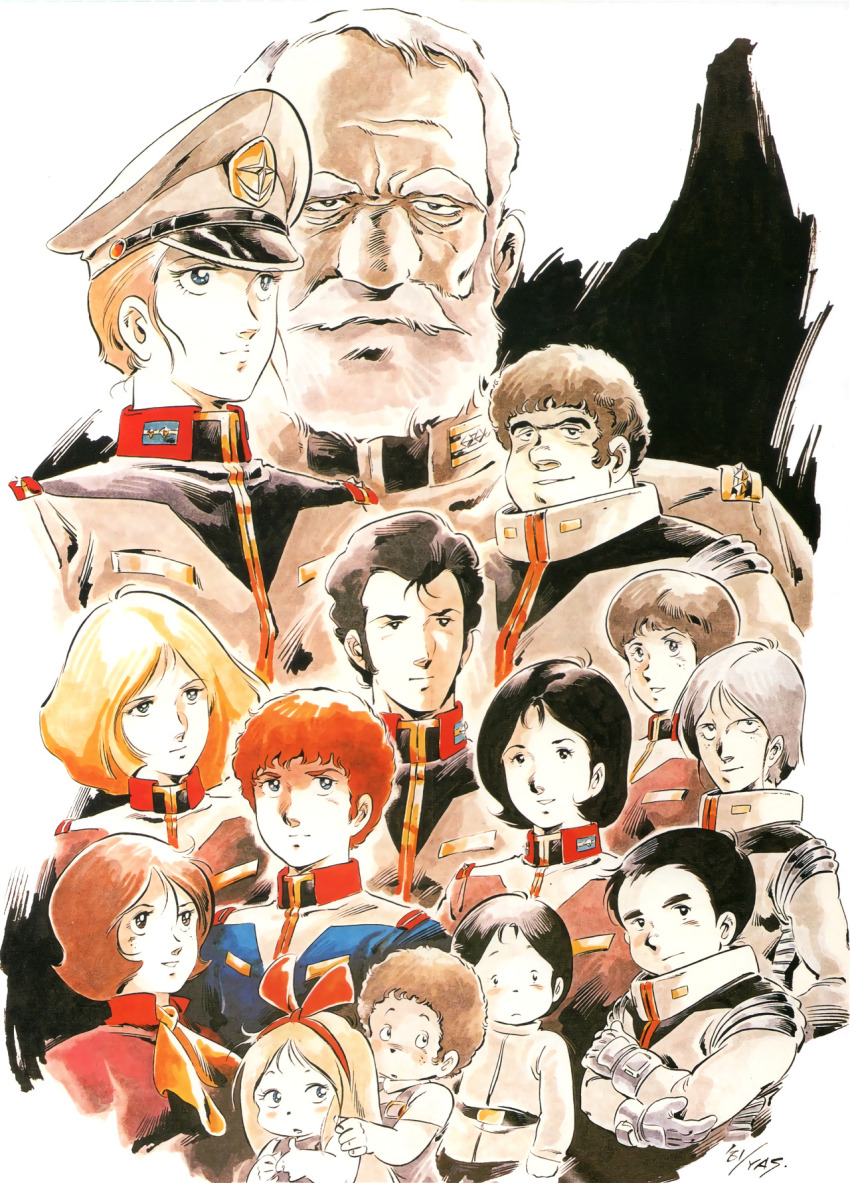 6+boys 6+girls amuro_ray black_hair blonde_hair blue_eyes bright_noa brown_hair child crossed_arms earth_federation fraw_bow freckles general_revil gundam hat hayato_kobayashi highres kai_shiden katz_howan kikka_kitamoto letz_cofan matilda_ajan miharu_ratoki military military_hat military_uniform mirai_yashima mobile_suit_gundam multiple_boys multiple_girls official_art old old_man orange_hair pilot_suit ryu_jose sayla_mass smile white_hair yasuhiko_yoshikazu