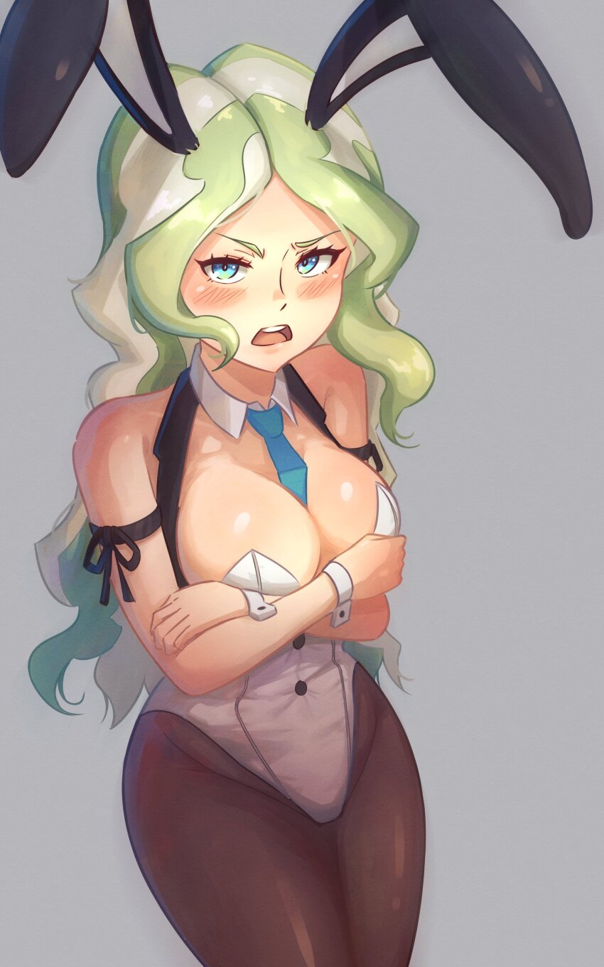 1girl absurdres animal_ears between_breasts blonde_hair blue_eyes blue_necktie breasts brown_pantyhose cleavage detached_collar diana_cavendish embarrassed green_hair grey_background highres leotard little_witch_academia long_hair looking_at_viewer madabau medium_breasts multicolored_hair necktie necktie_between_breasts pantyhose playboy_bunny rabbit_ears simple_background solo suspenders two-tone_hair v-shaped_eyebrows very_long_hair wavy_hair white_leotard wrist_cuffs