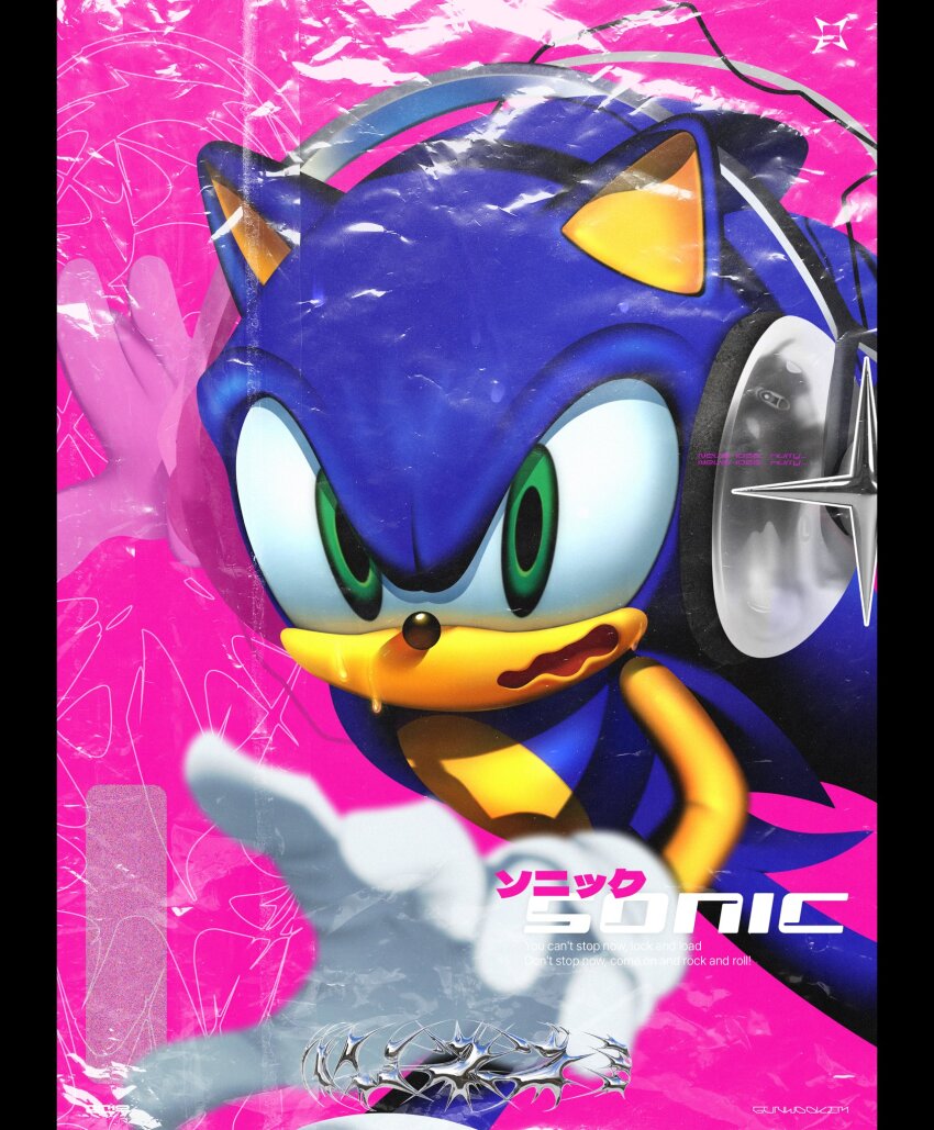 01iz 1boy animal_ears animal_nose bad_id bad_twitter_id character_name english_text fake_scan furry furry_male gloves green_eyes headphones highres looking_at_viewer lyrics male_focus pillarboxed pink_background solo sonic_(series) sonic_the_hedgehog tail wavy_mouth white_gloves