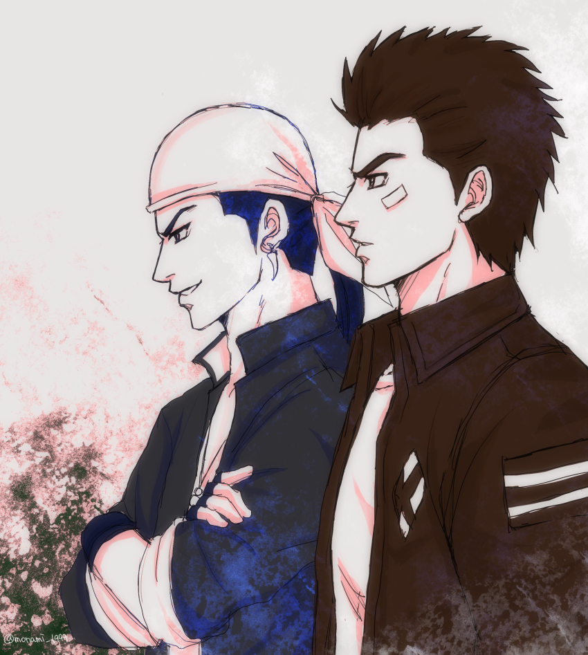 2boys absurdres bandage_on_face bandages bandana black_gloves black_hair blue_shirt brown_hair brown_jacket chinese_clothes collared_shirt crossed_arms earrings expressionless gloves hazuki_ryou highres jacket jewelry leather leather_jacket long_hair looking_ahead monami_1999 multiple_boys necklace open_clothes open_shirt patch ponytail ren_wu_ying shenmue shenmue_the_animation shirt signature simple_background sketch smile spiked_hair t-shirt white_bandana white_shirt