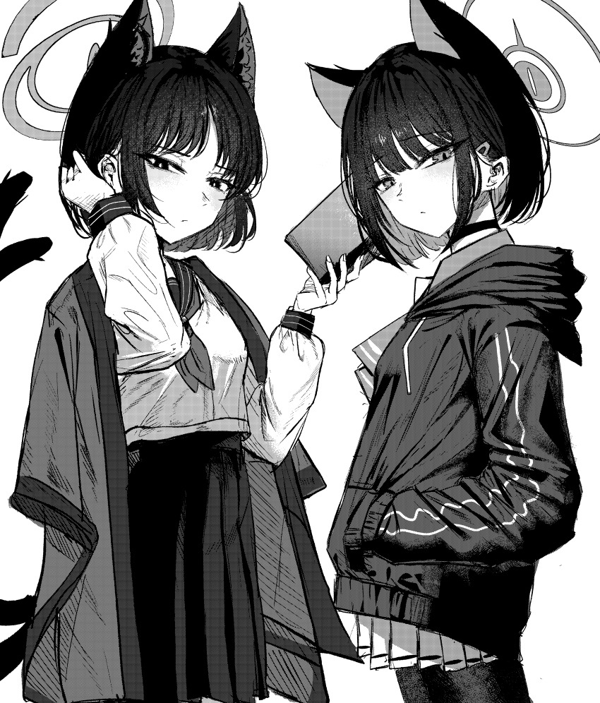 2girls absurdres animal_ears bakeneko black_eyes black_hoodie blue_archive blush book cat_choker cat_ears cat_girl cat_tail choker closed_mouth colored_inner_animal_ears commentary extra_ears from_side furrowed_brow greyscale hair_ornament hairclip halo hand_in_pocket haori highres holding holding_book hood hood_down hooded_jacket hoodie jacket japanese_clothes kazusa_(blue_archive) kikyou_(blue_archive) kimono_on_shoulders long_sleeves looking_at_viewer monochrome multiple_girls multiple_tails neckerchief pantyhose pleated_skirt sakana_(whhy8883) school_uniform serafuku shirt short_hair simple_background skirt standing tail tucking_hair two_tails white_background