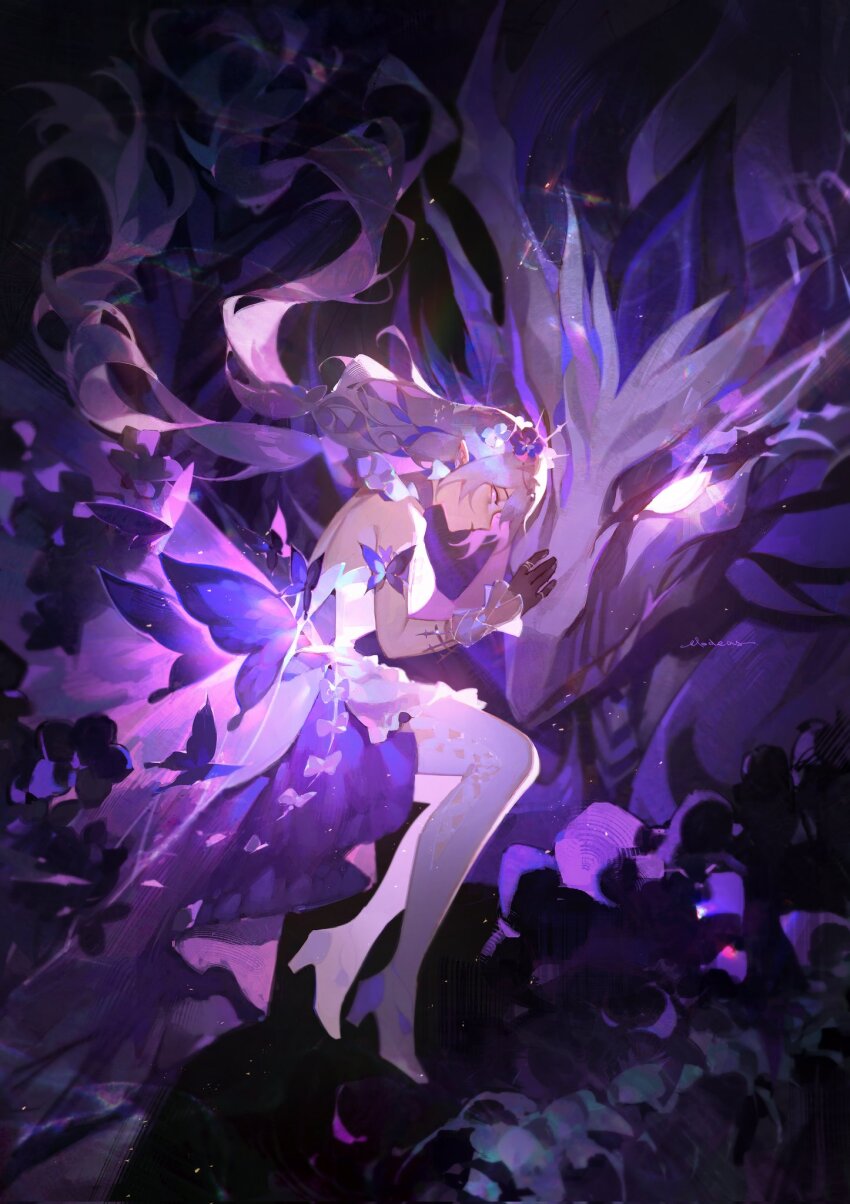1girl bare_shoulders black_gloves boots butterfly_ornament castorice_(honkai:_star_rail) closed_mouth commentary dragon dress elodeas english_commentary flower from_side full_body gloves hair_between_eyes hair_flower hair_ornament hand_up head_chain high-low_dress high_heel_boots high_heels highres honkai:_star_rail honkai_(series) jewelry legwear_cutout long_hair looking_at_viewer low_twintails netherwing_(honkai:_star_rail) pointy_ears profile purple_eyes purple_flower purple_hair purple_skirt signature skirt sleeveless sleeveless_dress solo thigh_boots tiara twintails very_long_hair white_boots white_dress white_flower
