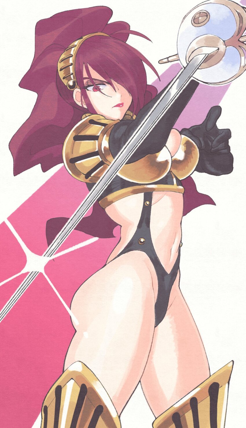 1girl armor blush breasts elbow_gloves gloves hair_over_one_eye high-cut_armor_(persona) highres inkerton-kun kirijou_mitsuru long_hair looking_at_viewer medium_breasts official_alternate_costume official_alternate_hairstyle persona persona_3 rapier red_hair solo sword thighhighs underwear weapon