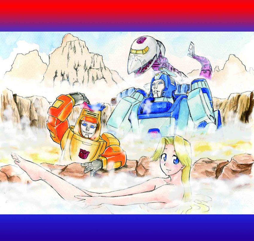1980s_(style) 1girl 3boys artist_request autobot bath bathing blonde_hair blue_eyes blue_sky blurr_(transformers) breasts character_request cloud cloudy_sky convenient_censoring covering_privates day highres insignia large_breasts letterboxed long_hair looking_at_viewer machine machinery mecha mixed-sex_bathing mountain multiple_boys nude nude_cover oldschool onsen open_mouth outdoors retro_artstyle robot rock shared_bathing sky sky_lynx smile steam steam_censor towel towel_on_head transformers water wheelie_(transformers)