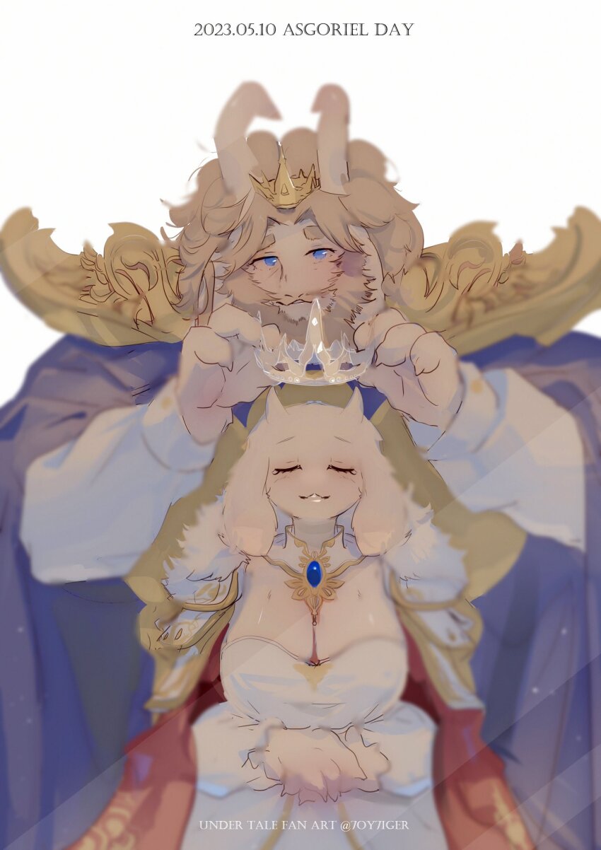 1boy 1girl 7oy7iger armor artist_name asgore_dreemurr beard blonde_hair cape claws coat commentary copyright_name crown dated dress english_commentary english_text facial_hair facing_viewer fur-trimmed_cape fur_trim furry furry_female furry_male goat_horns gold_armor highres holding holding_crown horns looking_at_another purple_coat red_cape shoulder_armor smile toriel undertale white_dress white_fur