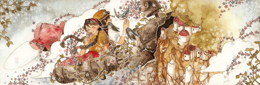 1boy 1girl blue_eyes braid breasts brown_hair goggles hairband hat highres laputa_robot long_hair pazu sheeta smile tenkuu_no_shiro_laputa twin_braids