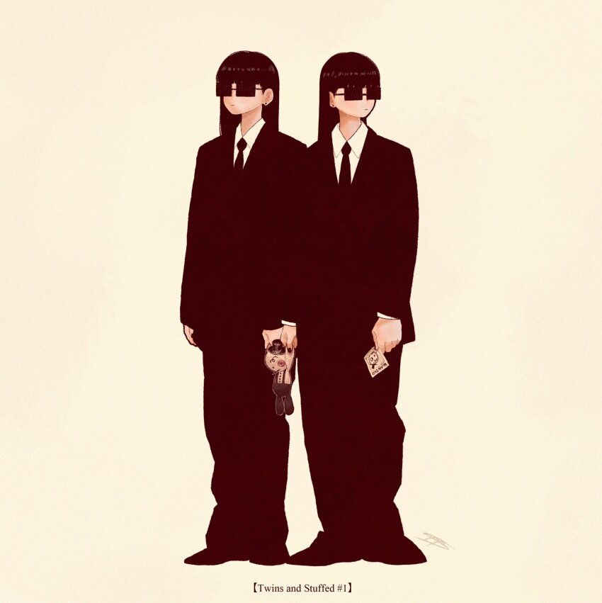 2girls black_hair black_necktie black_shoes black_suit collared_shirt doll english_text formal_clothes highres holding holding_doll long_hair multiple_girls necktie original rectangular_eyewear shirt shoes siblings signature simple_background sisters suit sunglasses syooooyoooo twins white_background white_shirt
