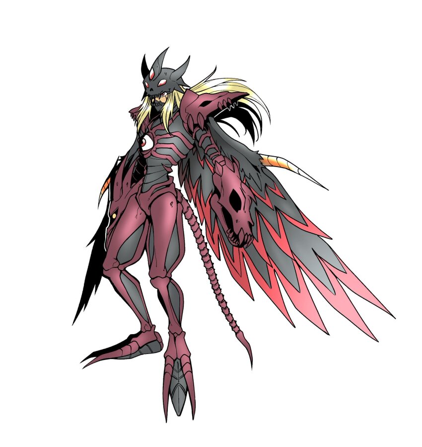 armor blonde_hair claws digimon digimon_(creature) duskmon fusion highres oh_sorry_01 oridigi original simple_background skull velgrmon white_background wings yellow_eyes