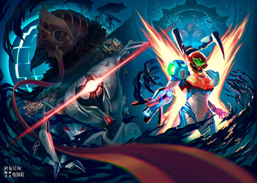 1girl adam_malkovich alien arm_cannon armor artist_name beak chozo dachora dragon dragon_wings e.m.m.i._(metroid) english_text etecoon glowing glowing_eyes glowing_hand kraid metroid metroid_(creature) metroid_dread metroid_fusion metroid_larva mizukirz nintendo omega_metroid power_armor quiet_robe_(metroid) raven_beak_(metroid) red_eyes ridley robot samus_aran signature weapon white_armor wings x_parasite