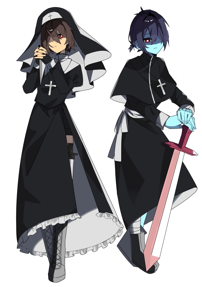 1other absurdres alternate_costume androgynous black_dress black_veil blue_skin brown_hair colored_skin deltarune dress dual_persona hair_over_one_eye highres holding holding_knife holding_sword holding_weapon knife kris_(deltarune) nun red_eyes rosary side_slit simple_background sword trash_chang veil weapon