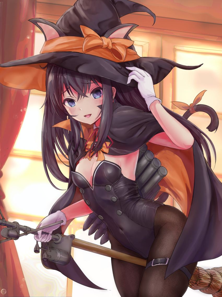 1girl animal_ears asashio_(halloween)_(kancolle) asashio_(kancolle) belt black_hair black_leotard black_pantyhose blue_eyes blush bow breasts broom broom_riding cat_ears cat_tail cleavage curtains em_s gloves hat hat_bow hat_ribbon highres indoors kantai_collection kemonomimi_mode leotard long_hair looking_at_viewer medium_breasts neck_ribbon open_mouth orange_bow orange_ribbon pantyhose red_ribbon ribbon skindentation smile solo tail tail_ornament tail_ribbon thigh_belt thigh_strap torpedo_tubes white_gloves window witch_hat