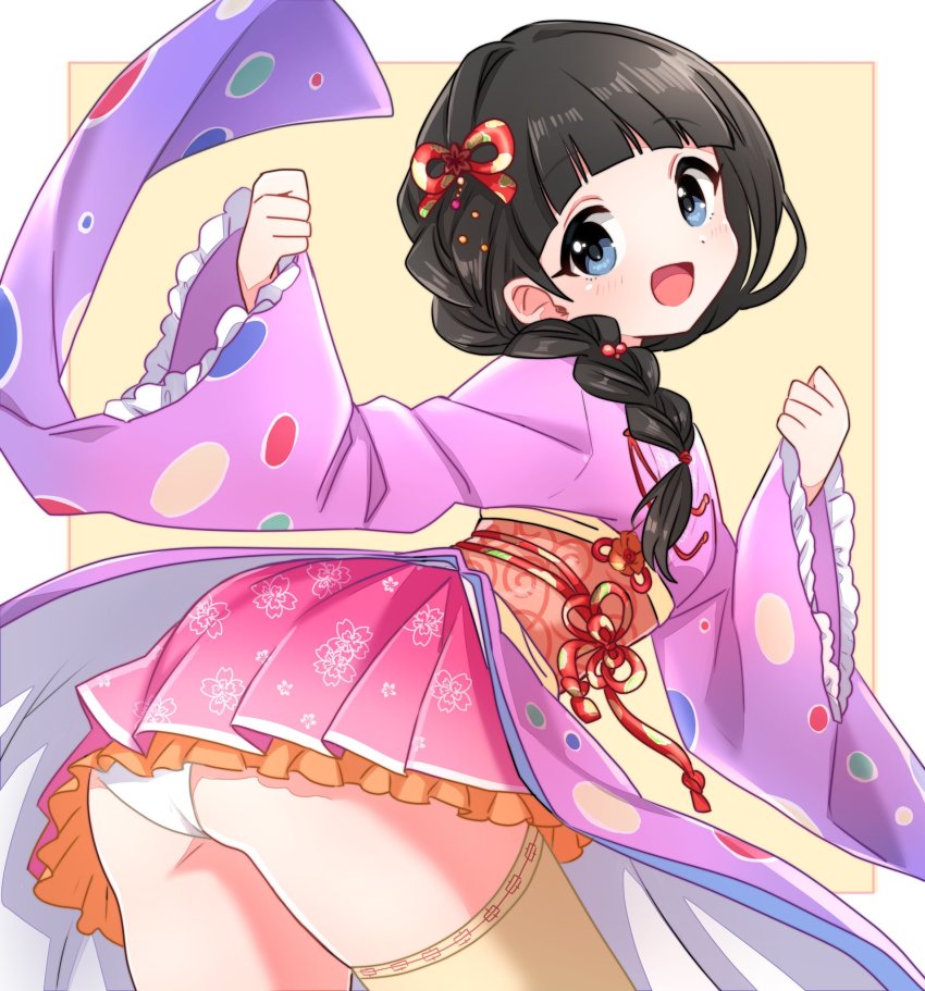 1girl ass black_hair blunt_bangs blush braid grey_eyes hair_ornament hair_over_shoulder highres idolmaster idolmaster_cinderella_girls japanese_clothes kimono long_hair looking_at_viewer looking_back obi open_mouth panties pantyshot sash single_braid skirt smile sukoyaka_(100hituzi) ujiie_mutsumi underwear white_panties