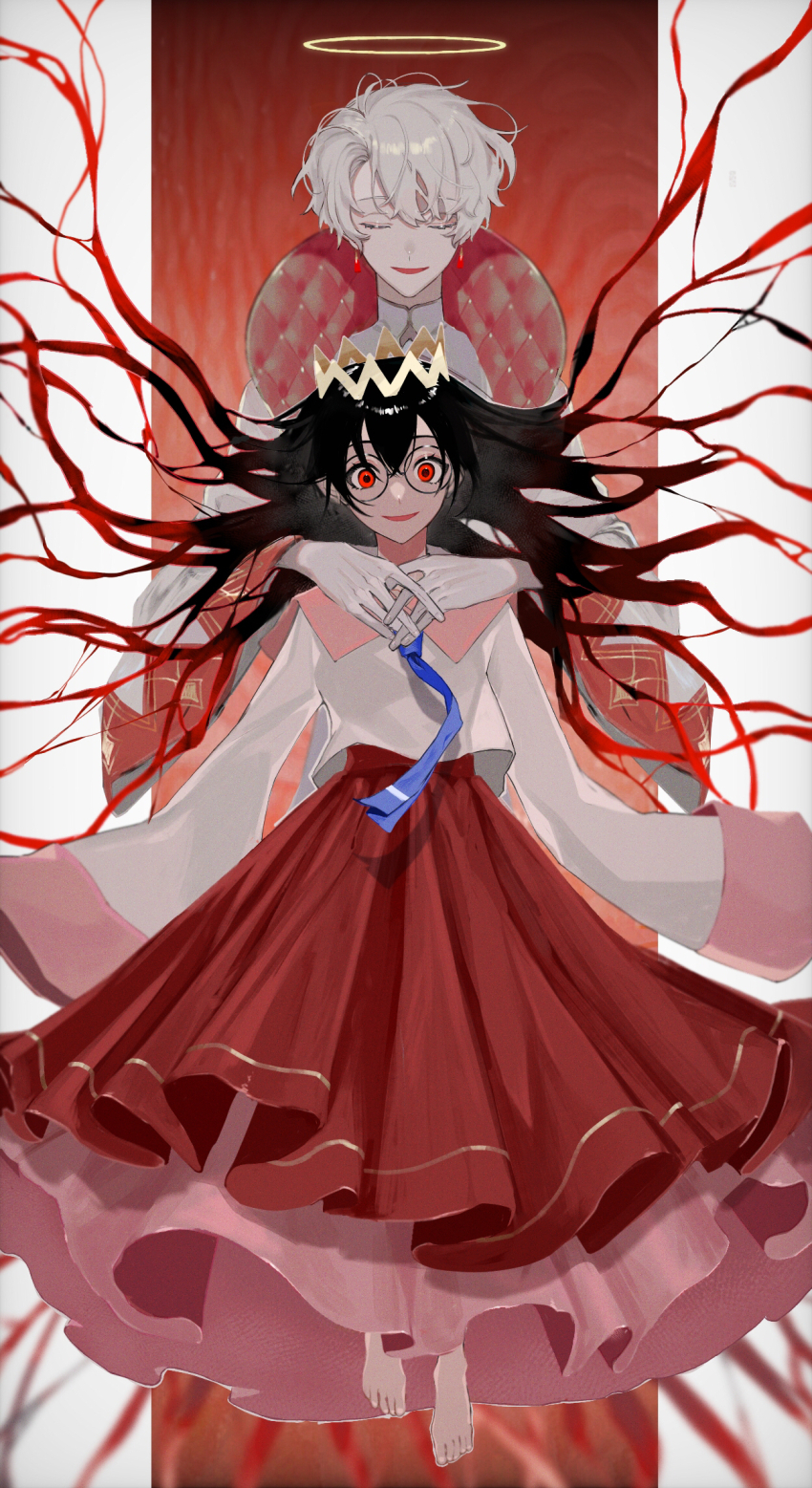 1boy 1girl barefoot black_hair crown earrings halo highres jewelry kanata_(camaieu_k) kirby_(series) kirby_64 long_hair long_skirt nintendo personification possessed red_eyes ripple_star_queen skirt sleeves_past_fingers sleeves_past_wrists smile white_hair zero_two_(kirby)