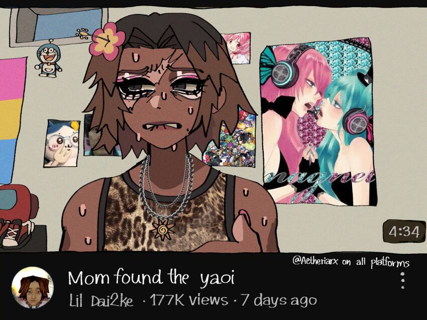 aetheria among_us among_us_drip_(meme) biting_own_lip brown_eyes brown_hair commentary daisuke_(mouthwashing) doraemon doraemon_(character) fake_video flower hatsune_miku hibiscus highres jewelry kaname_madoka leotard magnet_(vocaloid) mahou_shoujo_madoka_magica makeup megurine_luka meme mouthwashing multicolored_hair necklace pansexual_flag pink_nails red_(among_us) scar seong_gi-hun sonic_the_hedgehog squid_game sun_ornament sweat sweatdrop two-tone_hair watermark yuri