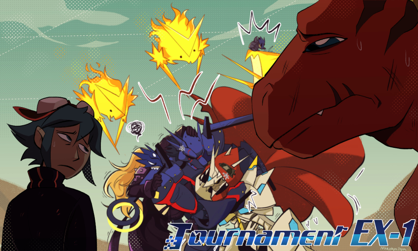 1boy 1girl beelstarmon blonde_hair digimon digimon_(creature) gabumon_-yujo_no_kizuna- highres hood jesmon mask taiga_(digimon) tyranomon