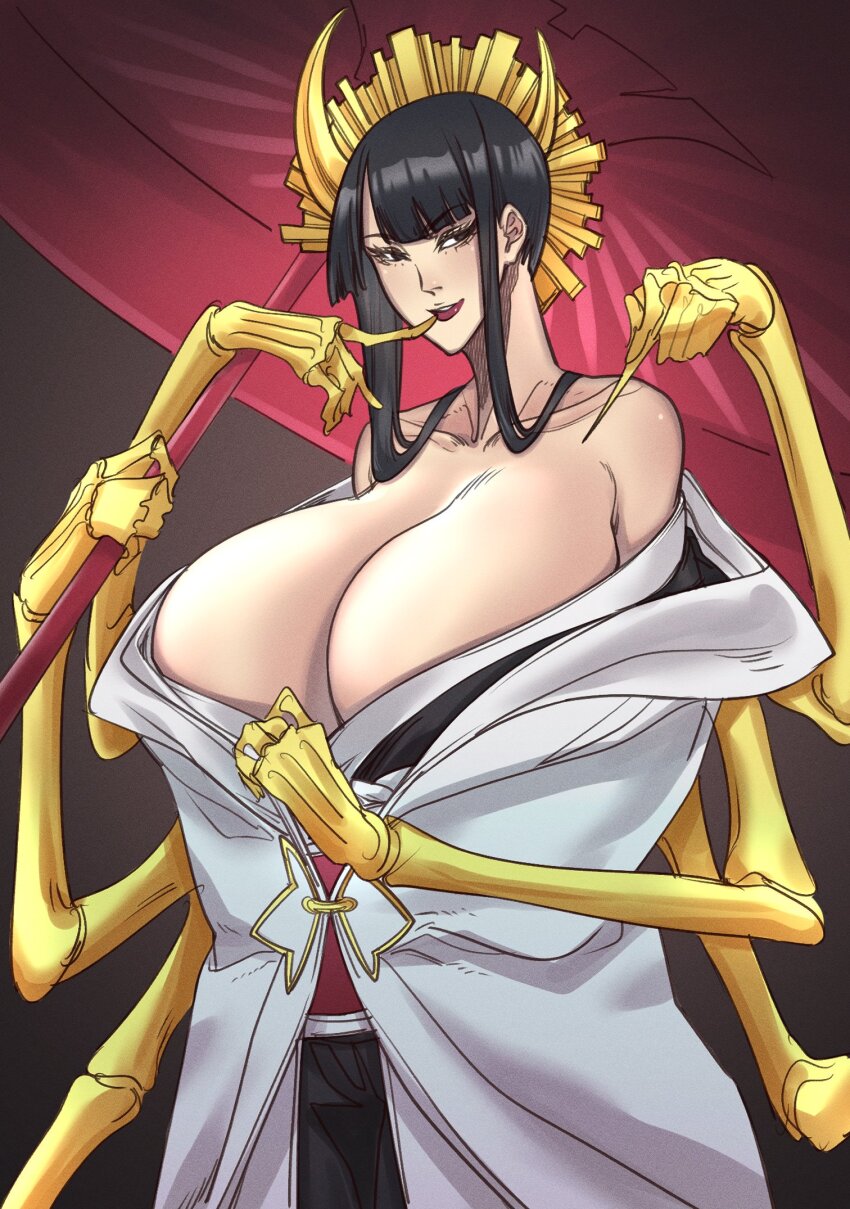 1girl 2023 alternate_breast_size_(larger) bare_shoulders black_hair bleach bleach:_sennen_kessen-hen breasts collarbone frey_seamonster hair_ornament haori highres japanese_clothes large_breasts long_hair multiple_arms shihakusho shutara_senjumaru simple_background