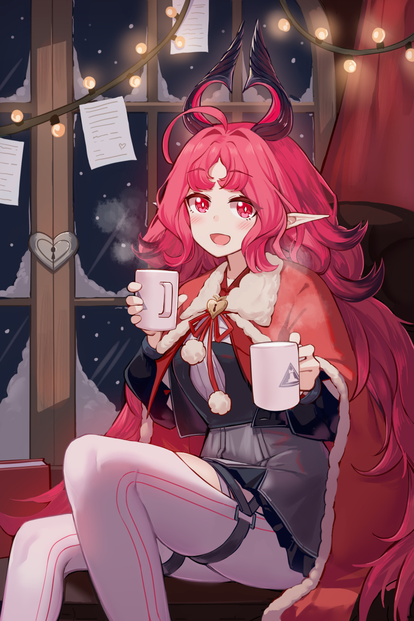 1girl :d absurdres ahoge arknights blush bright_pupils cape cat_lingerie chinese_commentary commentary_request cup drink feet_out_of_frame fur-trimmed_cape fur_trim highres holding holding_drink huge_ahoge indoors long_hair looking_at_viewer meme_attire mug nymph_(arknights) open_mouth pantyhose pink_eyes pink_hair pointy_ears red_cape sitting smile snow snowing solo steam string_of_light_bulbs watchdog_rol_(y1104280730) white_pantyhose white_pupils winter