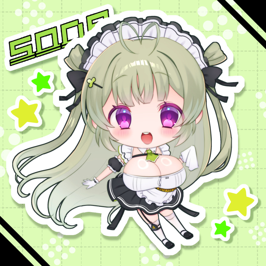 17ho_10ban 1girl antenna_hair black_skirt blush breasts character_name chibi garter_straps goddess_of_victory:_nikke grey_hair highres large_breasts long_hair looking_at_viewer maid_headdress open_mouth pleated_skirt purple_eyes skirt socks soda_(nikke) solo star_(symbol) white_socks