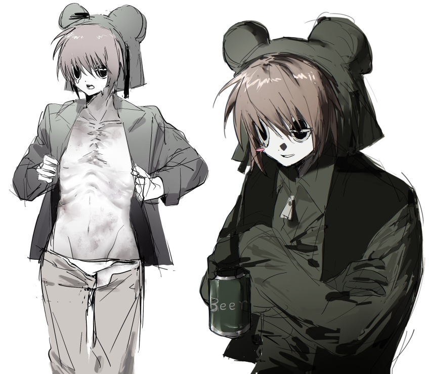 1boy animal_hat beer_can black_eyes black_vest brown_hair buzhidaoshenmexiangchangmao can chinese_commentary commentary_request drink_can emaciated green_jacket groin hat highres jacket male_focus mouse_hat multiple_views open_clothes open_jacket present_day_problem_takeuchi_robert randal&#039;s_friends ribs short_hair simple_background vest white_background