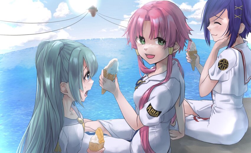 3girls aika_granzchesta alice_carroll aogirism aria_(manga) aria_company_uniform arm_support blue_bow blue_bowtie blue_eyes blue_hair blue_sky bow bowtie closed_eyes cloud cloudy_sky commentary_request day dress eyelashes floating_island from_side gold_trim green_eyes green_hair hair_ornament hair_tubes hand_up highres himeya_company_uniform holding ice_cream_cone impossible_clothes impossible_dress long_hair looking_at_another looking_at_viewer looking_back mizunashi_akari multiple_girls ocean on_ground open_mouth orange_planet_uniform outdoors parted_bangs pink_hair print_dress sailor_collar short_hair_with_long_locks short_sleeves side_slit sitting sky smile sun swept_bangs white_dress x_hair_ornament