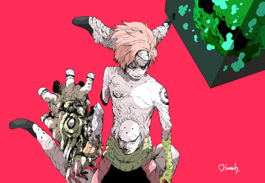 1boy black_eyes disembodied_hand evil_smile graphite_(medium) horns magenta_background makkamu mechanical_pencil monster monster_boy original pencil pink_background pink_hair sanpaku short_hair signature smile smirk tail topless_male traditional_media