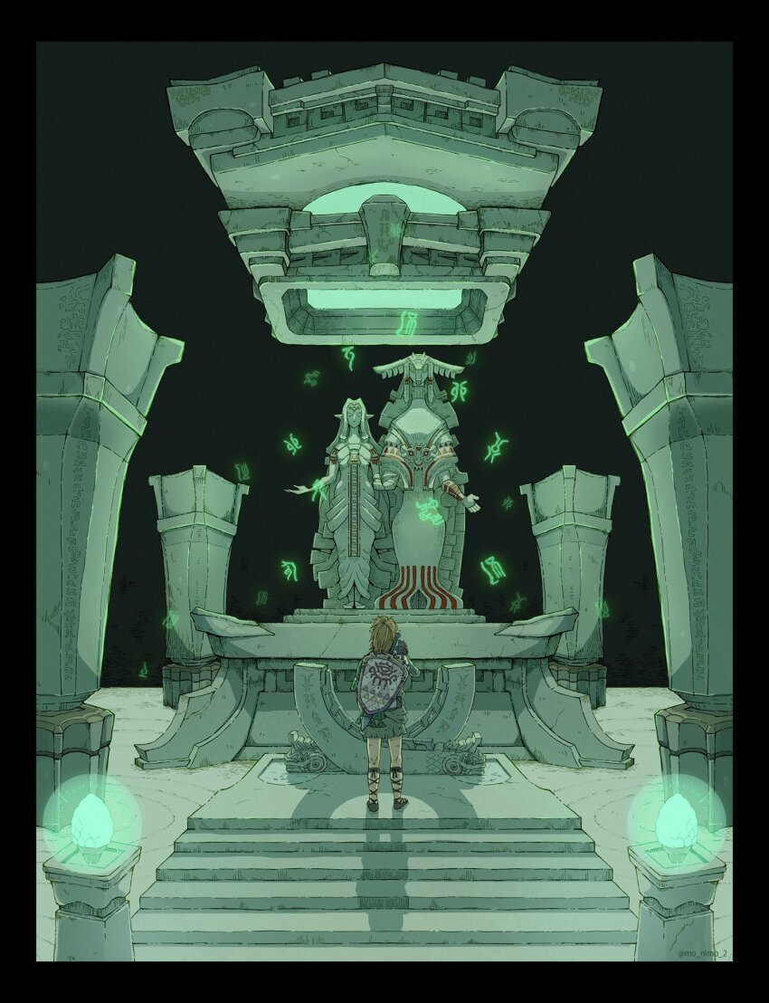 1boy archaic_set_(zelda) artist_request blonde_hair glowing glyph highres lantern link mo_nimo_2 nintendo rauru_(tears_of_the_kingdom) sandals scenery shield shield_on_back shrine solo sonia_(zelda) standing statue the_legend_of_zelda the_legend_of_zelda:_tears_of_the_kingdom