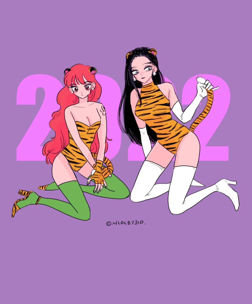 2022 2girls arm_tattoo bare_shoulders black_hair bodysuit boots commentary earrings full_body green_nails green_thighhighs high_heels highres jewelry long_hair looking_at_viewer multiple_girls nami_(one_piece) nico_robin nicole7310 one_piece purple_background simple_background tattoo thigh_boots thighhighs turtleneck turtleneck_bodysuit twitter_username white_boots