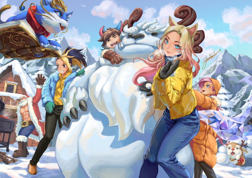 2boys 3girls :d abs absurdres ahri_(league_of_legends) akali alternate_costume animal beard black_hair black_pants blonde_hair blue_jacket boots braum_(league_of_legends) brown_footwear brown_gloves brown_hair cat character_request dated day denim facial_hair gloves green_eyes hat highres hood hood_down hoodie house jacket jeans k/da_(league_of_legends) k/da_akali league_of_legends long_hair looking_up mittens mountain multiple_boys multiple_girls nunu_(league_of_legends) open_mouth outdoors pants pink_hair red_jacket santa_costume santa_hat shoes signature smile snowman teeth tiger_june willump winter yellow_hoodie yellow_jacket yuumi_(league_of_legends)