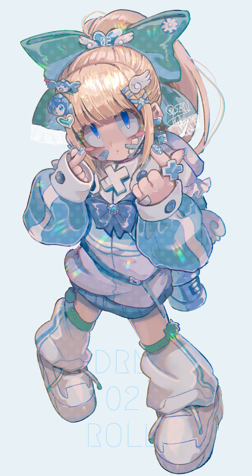 1girl absurdres alternate_costume beat_(mega_man) blonde_hair blue_eyes blue_jacket blush_stickers character_name full_body high_ponytail highres jacket leg_warmers long_hair mega_man_(character) mega_man_(classic) mega_man_(series) ponytail roll_(mega_man) signature simple_background solo srnhuyuno twitter_username white_jacket