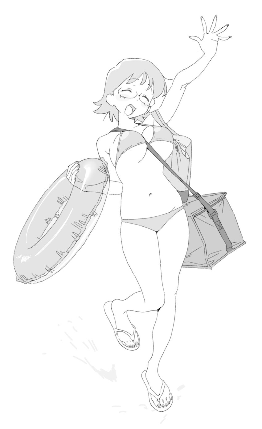 1girl bikini breasts flip-flops glasses greyscale highres innertube kona_ming monochrome navel open_mouth original sandals short_hair smile solo standing standing_on_one_leg striped_bikini striped_clothes swim_ring swimsuit