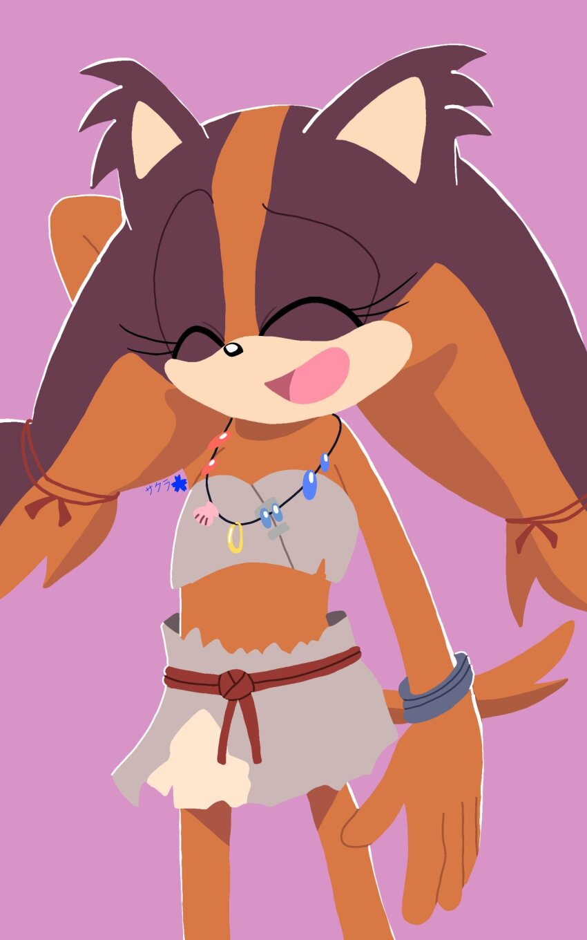 badger bracelet brown_fur brown_hair closed_eyes collar hair_tie hand_on_own_head highres jewelry laughing loli orange_fur orange_hair sakura_2739 sega skirt smile sonic_(series) sonic_boom_(series) standing sticks_the_badger strapless tube_top twintails