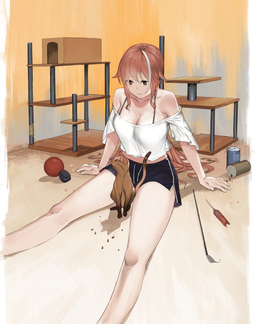 1girl bare_shoulders breasts cat cleavage closed_mouth collarbone danzir highres indoors large_breasts looking_at_animal looking_down orange_background original red_eyes red_hair shadow short_hair short_shorts shorts sitting solo thighs