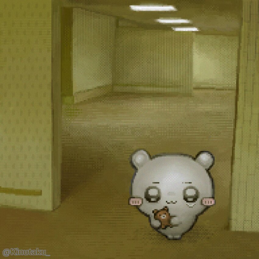 :3 backrooms_(creepypasta) blush_stickers ceiling ceiling_light chiikawa closed_mouth creature fluorescent_lamp highres holding holding_stuffed_toy holding_stuffed_toy indoors kinutaku liminal_space no_humans pixel_art solo stuffed_animal stuffed_toy teddy_bear