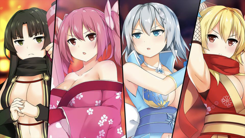 4girls bare_shoulders blonde_hair blue_eyes breasts brown_hair cleavage female_focus fishnet_armwear green_eyes hanao_akari highres large_breasts machiyuki_ricka moe!_ninja_girls momochi_myu multiple_girls ntt_solmare pink_eyes pink_hair red_eyes saion-ji_enju