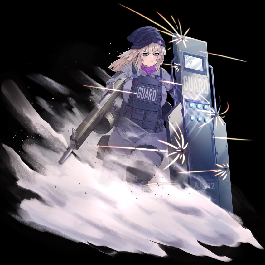 1girl aa-12 aa-12_(girls&#039;_frontline) absurdres alternate_breast_size alternate_costume automatic_shotgun bags_under_eyes ballistic_shield beanie black_hat blue_eyes blush breasts bulletproof_vest candy combat_shotgun commission drum_magazine flash_shield food food_in_mouth full_body girls&#039;_frontline gun hat high-capacity_magazine highres holding holding_gun holding_weapon large_breasts light_brown_hair lollipop magazine_(weapon) pouch samsam_s2s shield shotgun smoke solo tactical_clothes weapon