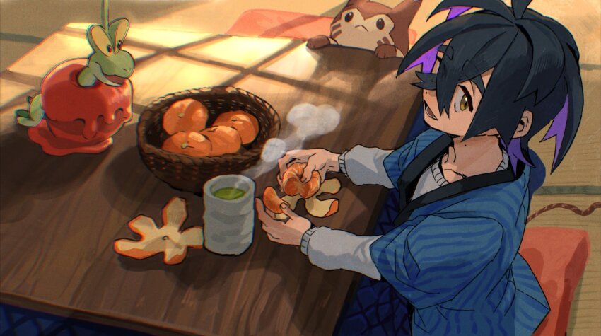 1boy :&lt; azukimomonaka black_hair bowl closed_mouth crossed_bangs cup cushion dipplin food fruit furret gen_2_pokemon highres holding holding_food holding_fruit japanese_clothes kieran_(pokemon) kotatsu long_sleeves looking_at_viewer male_focus mole mole_on_neck nintendo open_mouth orange_(fruit) orange_peel pokemon pokemon_(creature) pokemon_sv purple_hair sitting solo steam table tatami tea yellow_eyes yunomi