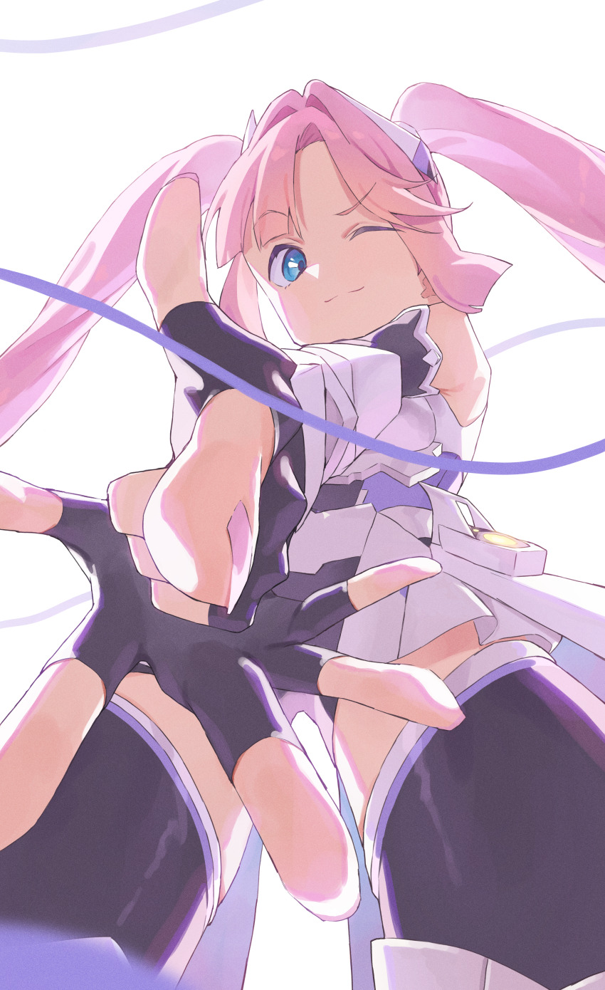1girl ;) absurdres anyoji_hime armor armpit_crease bare_shoulders black_gloves blunt_bangs blunt_sidelocks closed_mouth commentary cowboy_shot curtained_hair fanfare!!!_(love_live!) finger_gun fingerless_gloves foreshortening gloves hair_intakes hand_on_hand highres link!_like!_love_live! love_live! official_alternate_costume official_alternate_hairstyle one_eye_closed open_hand pointing pointing_at_viewer purple_ribbon ribbon sidelocks smile solo split_mouth standing sunkeun twintails white_armor