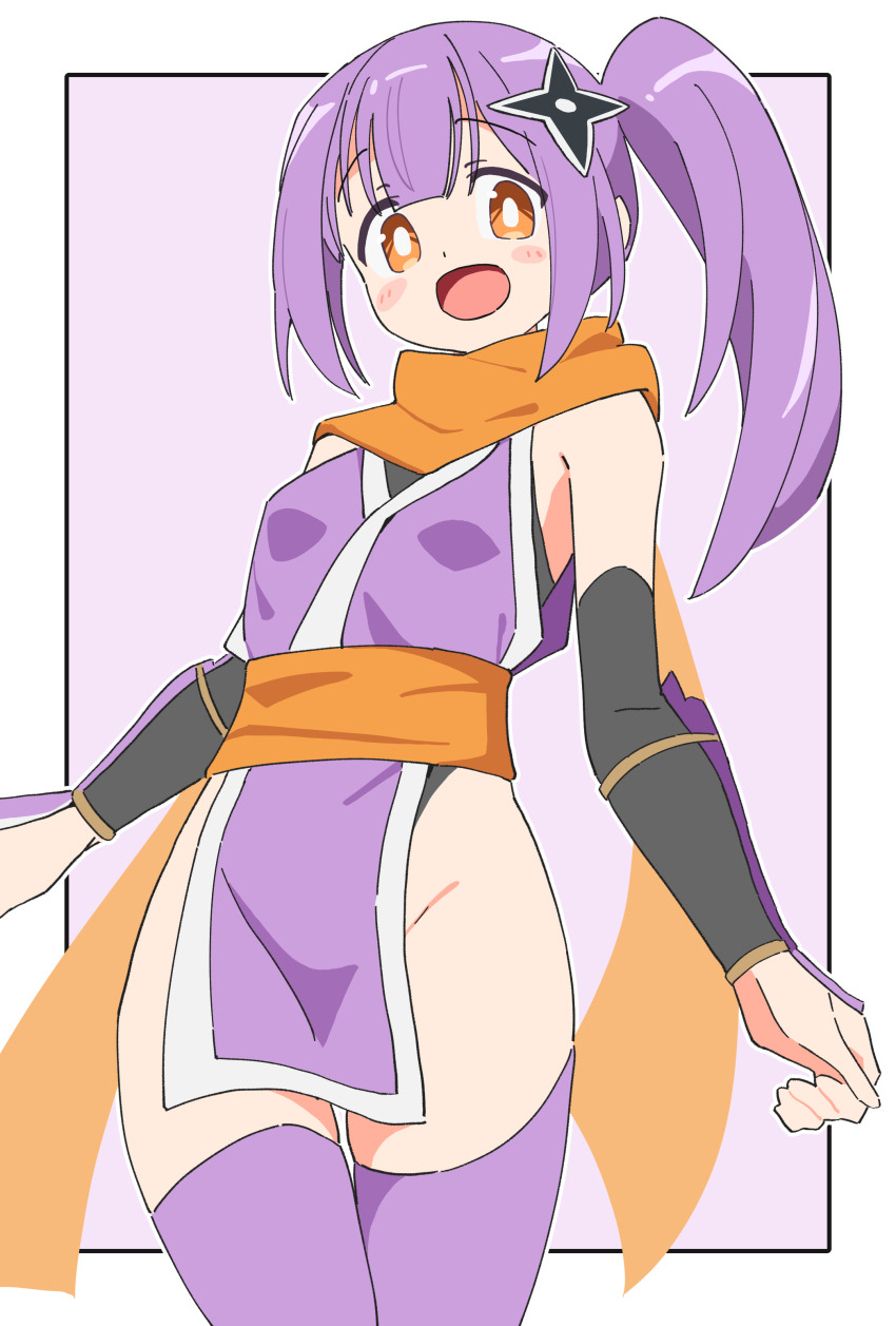 1girl absurdres blush bright_pupils brown_eyes hair_ornament highres japanese_clothes kimono kusagakure_satoko long_hair long_scarf looking_at_viewer ninja ninja_to_koroshiya_no_futarigurashi noyama_takenoko open_mouth orange_eyes orange_scarf purple_hair purple_thighhighs scarf short_kimono shuriken_hair_ornament side_ponytail sleeveless sleeveless_kimono smile solo thighhighs white_pupils wrist_guards