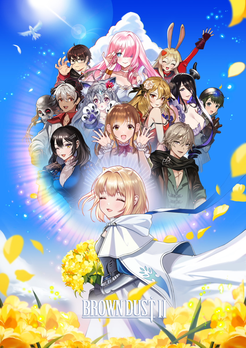 1other 3boys 6+girls ^_^ absurdres adjusting_eyewear animal_ears animal_hands bird black_hair blonde_hair blue_eyes blush bouquet breasts broken_horn brown_dust_(series) brown_dust_2 brown_eyes brown_gloves brown_hair cat_ears cat_girl chest_armor claw_pose cleavage cloak closed_eyes copyright_name demon_girl dress eclipse_(brown_dust_2) elise_(brown_dust_2) everyone falling_petals field flower flower_field gloves gray_(brown_dust) green_eyes green_hair green_scarf green_shirt grey_hair hair_between_eyes hair_over_one_eye hands_up helena_(brown_dust) helmet highres holding holding_bouquet hood hooded_cloak horn_ornament horn_ring horns jayden_(brown_dust_2) justia_(brown_dust) justia_(white_reaper)_(brown_dust) large_breasts lathel_(brown_dust) liatris_(brown_dust) long_hair lydia_(brown_dust) multicolored_hair multiple_boys multiple_girls one_eye_closed open_mouth paw_gloves pectorals petals pink_hair purple_eyes rabbit_ears rainbow red_dress rou_(brown_dust) rou_(nature&#039;s_claw)_(brown_dust) scar scarf scheherazade_(brown_dust) scheherazade_(the_lapis_witch)_(brown_dust) shirt skeleton small_breasts small_horns smile sylvia_(brown_dust) two-tone_hair user_egrg2847 very_long_hair white_cloak white_hair white_shirt wiggle_(brown_dust) yellow_flower