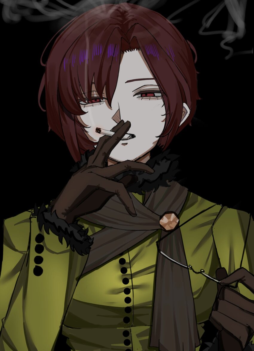 aozaki_touko black_background cigarette coat gloves highres holding holding_cigarette holding_removed_eyewear mahou_tsukai_no_yoru musi_2nd red_eyes scarf short_hair simple_background smoke unworn_eyewear