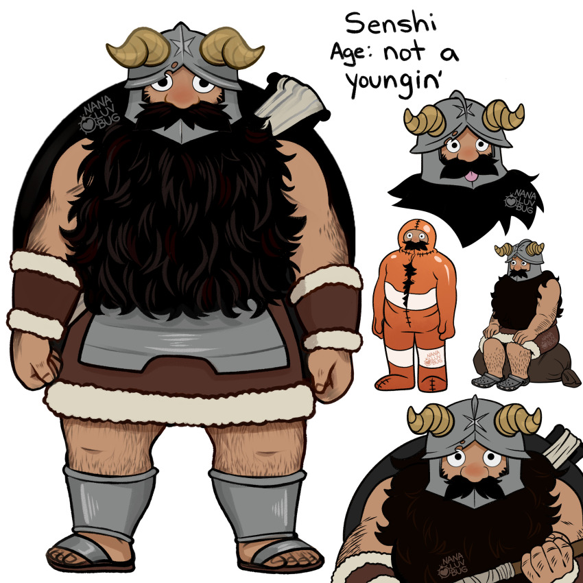 1boy :p absurdres alternate_facial_hair animal_costume axe beard clenched_hands collage derivative_work dungeon_meshi dwarf english_text multiple_expressions facial_hair facial_hair_through_mask fake_horns frog_costume full_body hairy helmet highres holding holding_axe horned_helmet horns long_beard looking_at_viewer male_focus mustache nanaluvbug screenshot_redraw senshi_(dungeon_meshi) sitting standing straight-on thick_arm_hair thick_leg_hair thick_mustache tongue tongue_out very_long_beard
