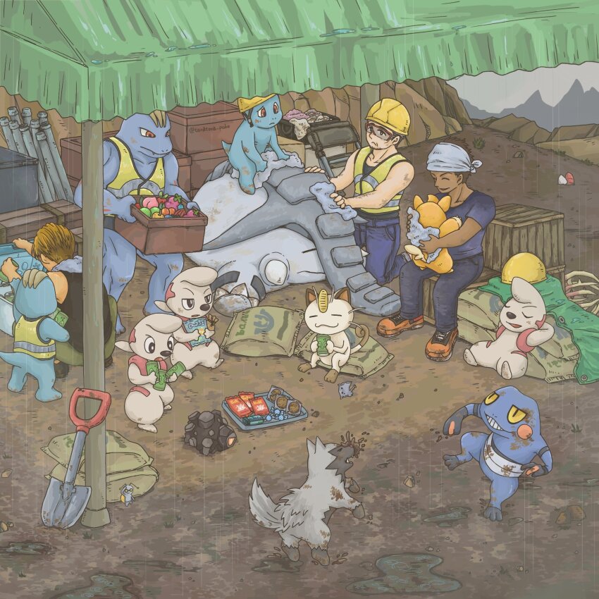 3boys berry_(pokemon) box closed_eyes clothed_pokemon commentary_request croagunk dirt dirty donphan food gen_1_pokemon gen_2_pokemon gen_3_pokemon gen_4_pokemon gen_5_pokemon gimmighoul gimmighoul_(roaming) grass hard_hat helmet high-visibility_clothing high-visibility_vest highres machoke machop meowth multiple_boys nintendo orthworm outdoors pawmi pokemon pokemon_(creature) pokemon_sv poochyena rain rock roggenrola shed shovel sitting squatting tail throwing timburr tora_(tsmc5353) vest worker_(pokemon) yellow_vest